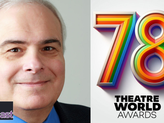 Peter Filichia side-by-side with the logo for the 78th Theatre World Awards and the Jersey Arts Podcast logo